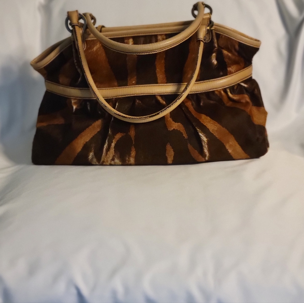 Fendi Vintage Rare Brown & Tan Pony fur Leather Hand Bag, Tiger Print - Picture 2 of 16